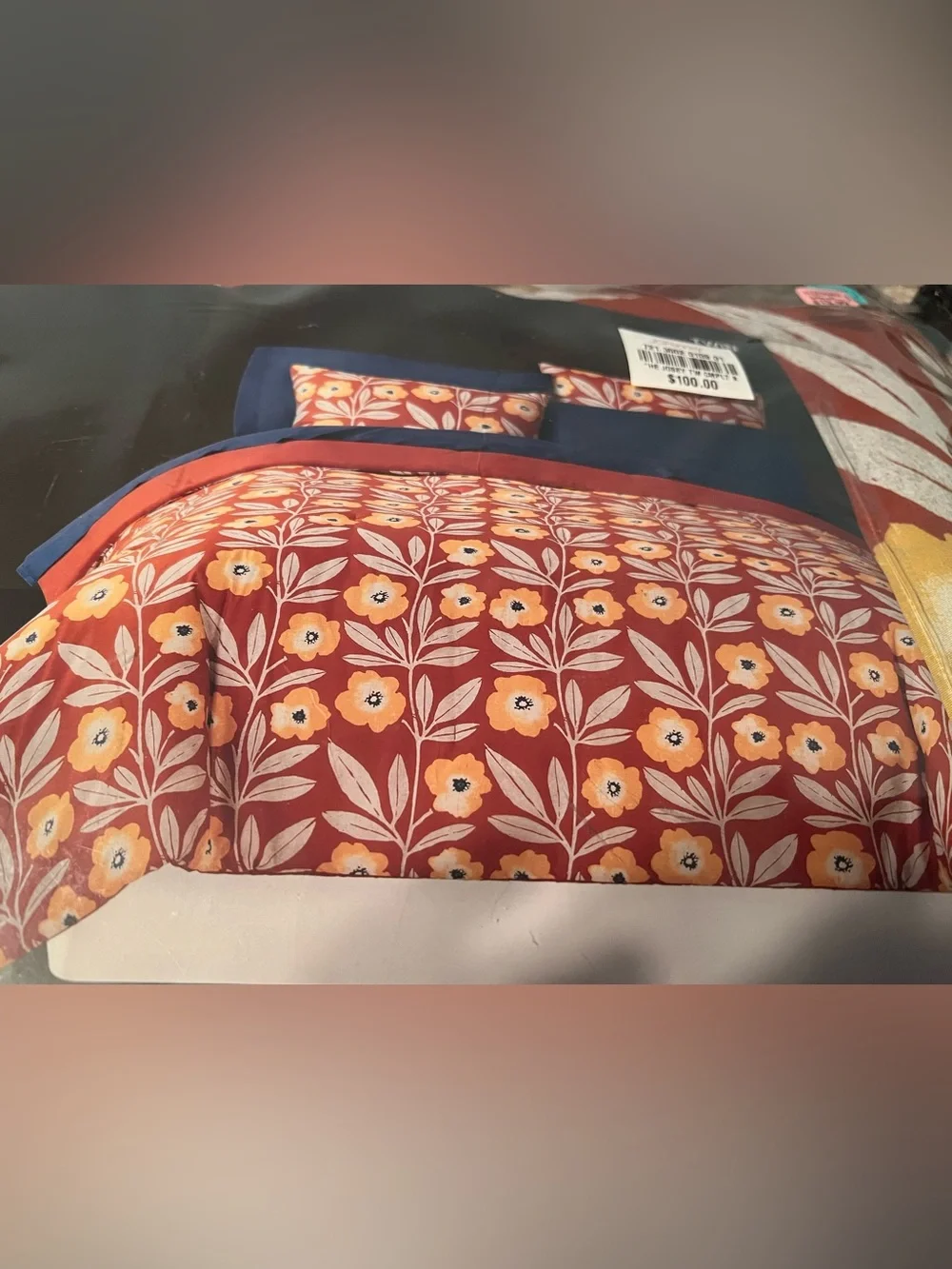 Home Expressions Reversible Red Floral Comforter Set with Navy Accents